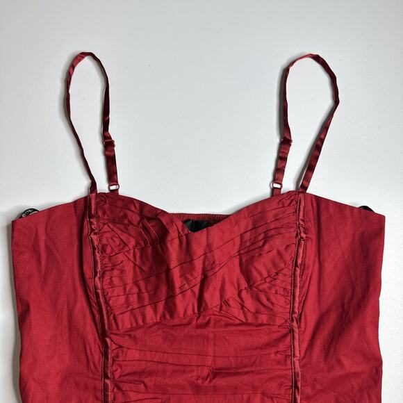 Y2K 2b Bebe Red Ruched Corset Cami Top M Smocked Back Rockabilly Pinup Bombshell - Picture 6 of 11